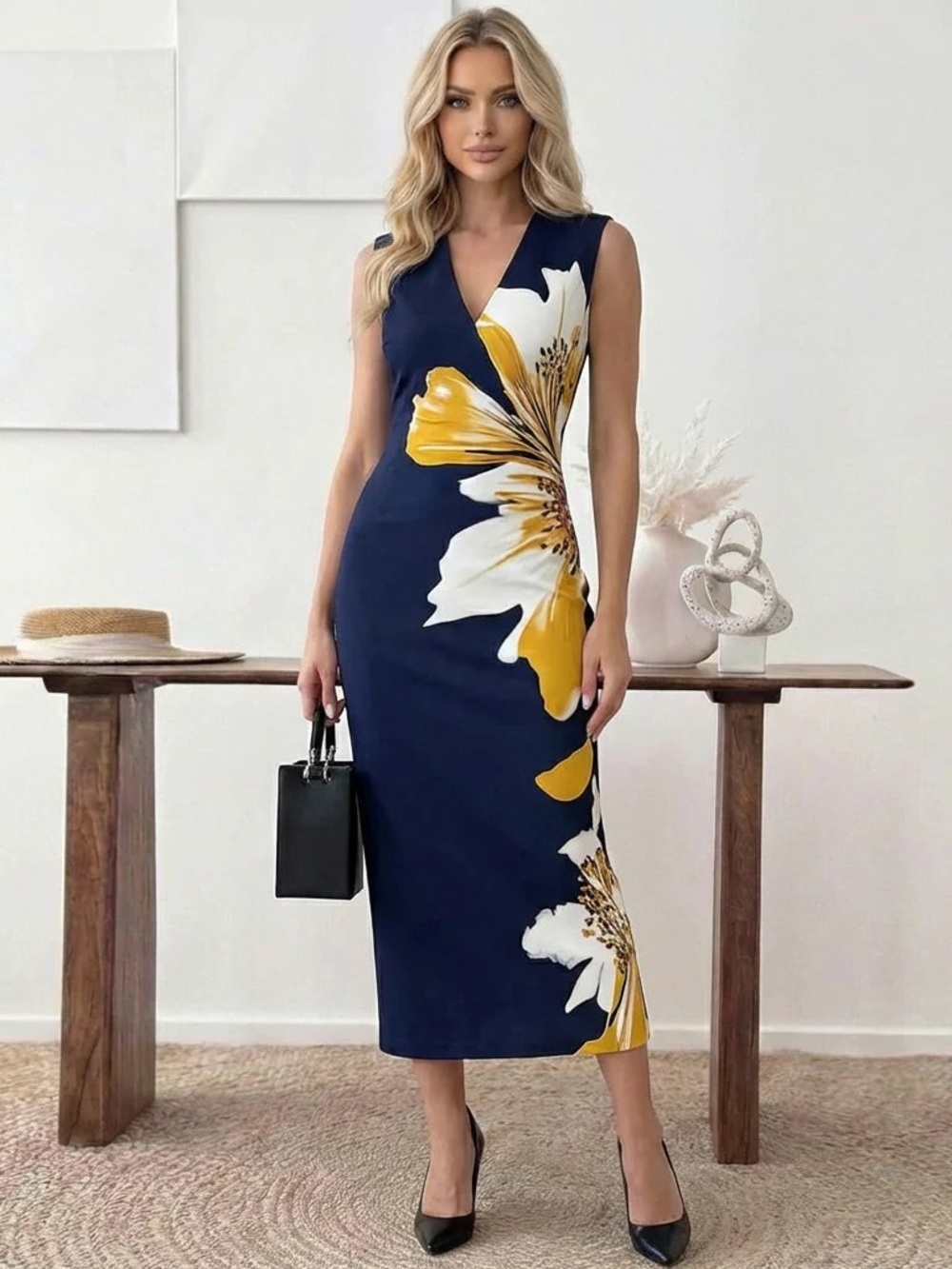 Sleeveless Navy Floral Sheath Dress - Yellow & White Print- NWT